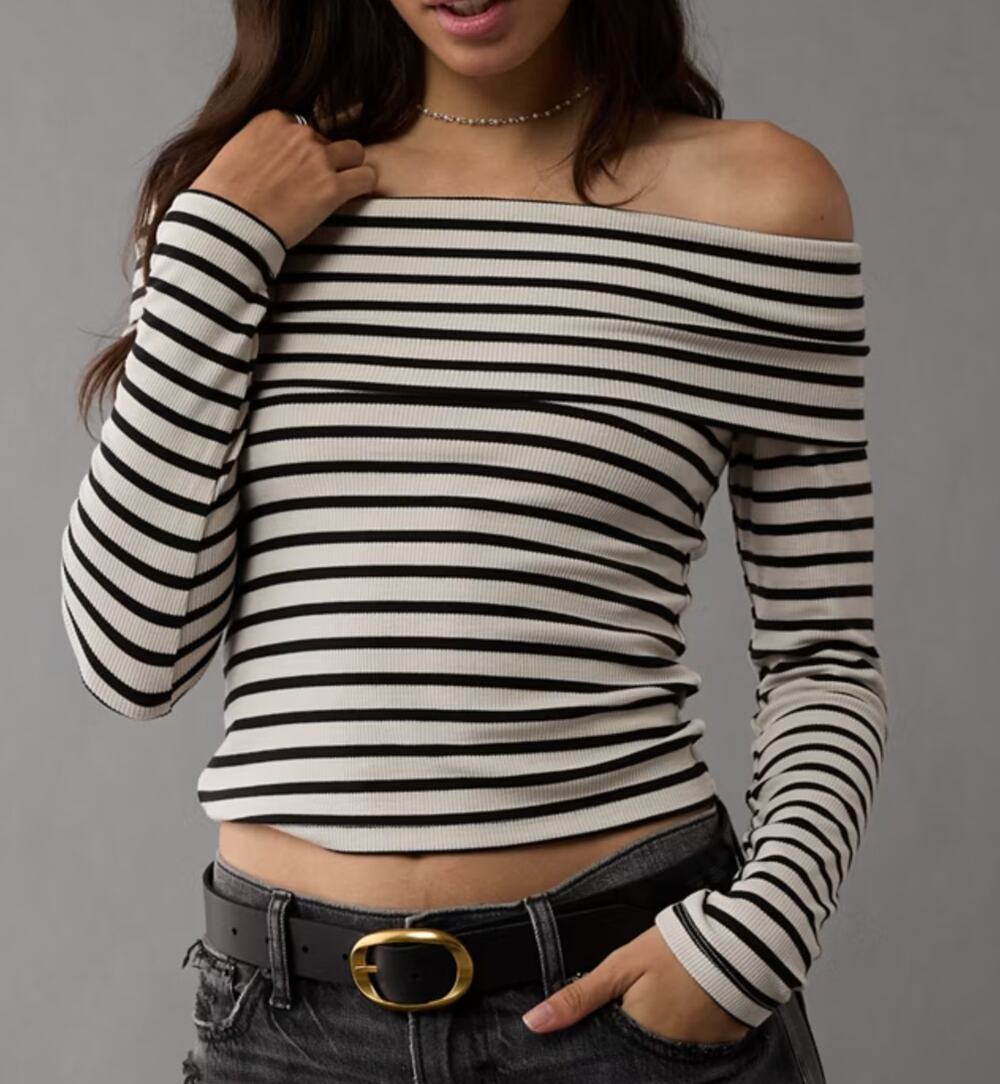 American Eagle Off The Shoulder Long Sleeve Ribbed Striped Top Cream Green M